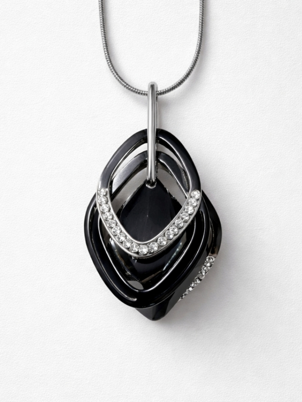Black Crystal Accent Pendant Necklace in Silver Tone - Picture 2 of 9